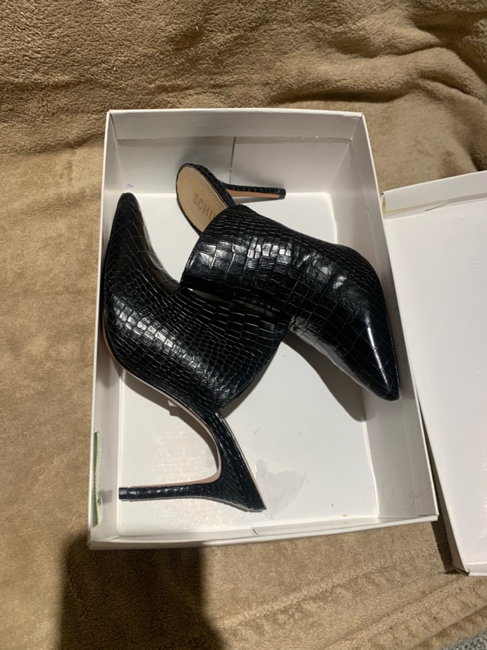 SCHUTZ Black Croc-Embossed Pointed Stiletto Booties
